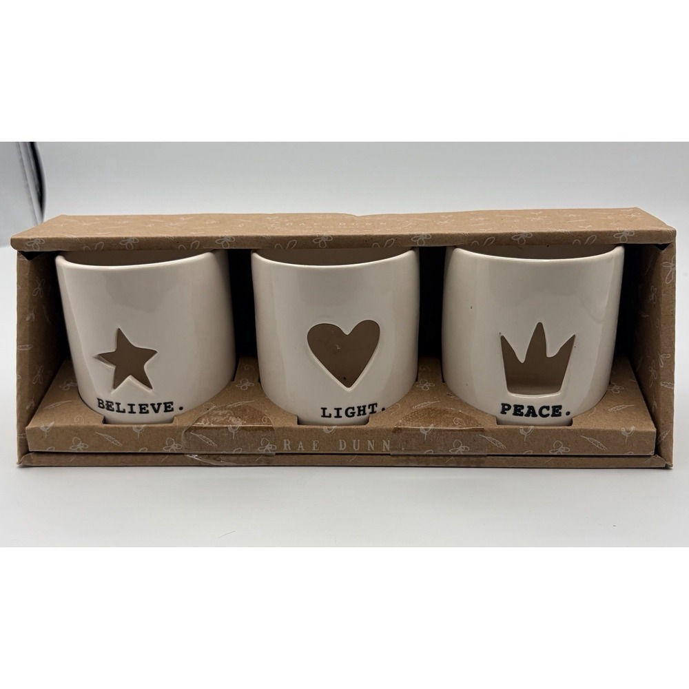 Rae Dunn by Magenta Set of 3 Ceramic Votive Candle Holders Light Peace Believe